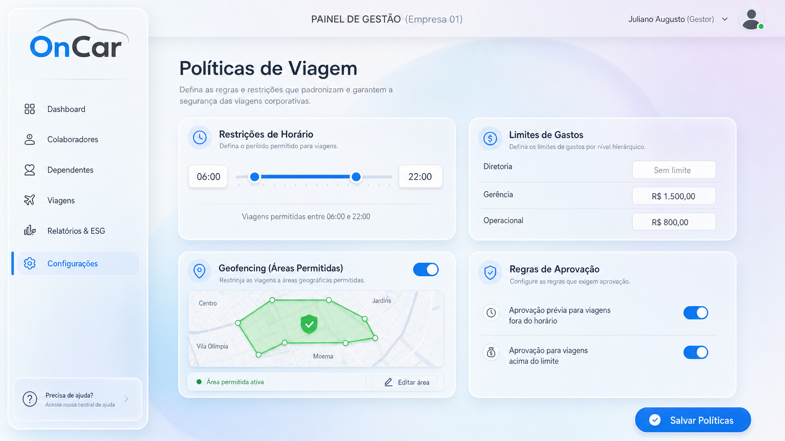 Políticas de viagem com horário, teto e cerca geográfica.